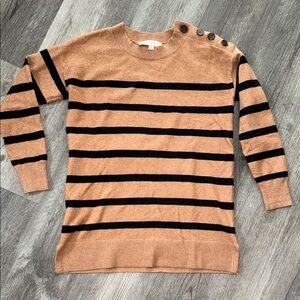 LOFT SMALL PETITE Tan and Black Striped Crew Neck Sweater